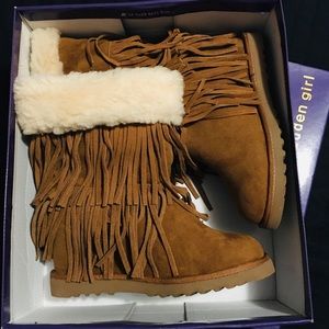 Madden Girl tan suede fringe hidden heel boots.